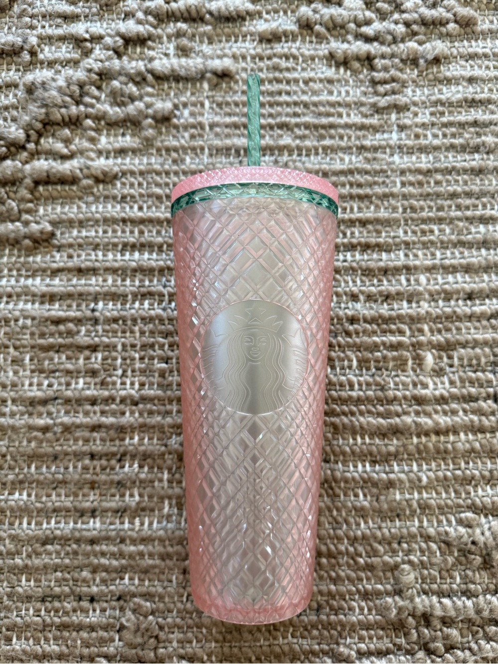 Starbucks Pink Textured Tumbler with Green Straw Accent